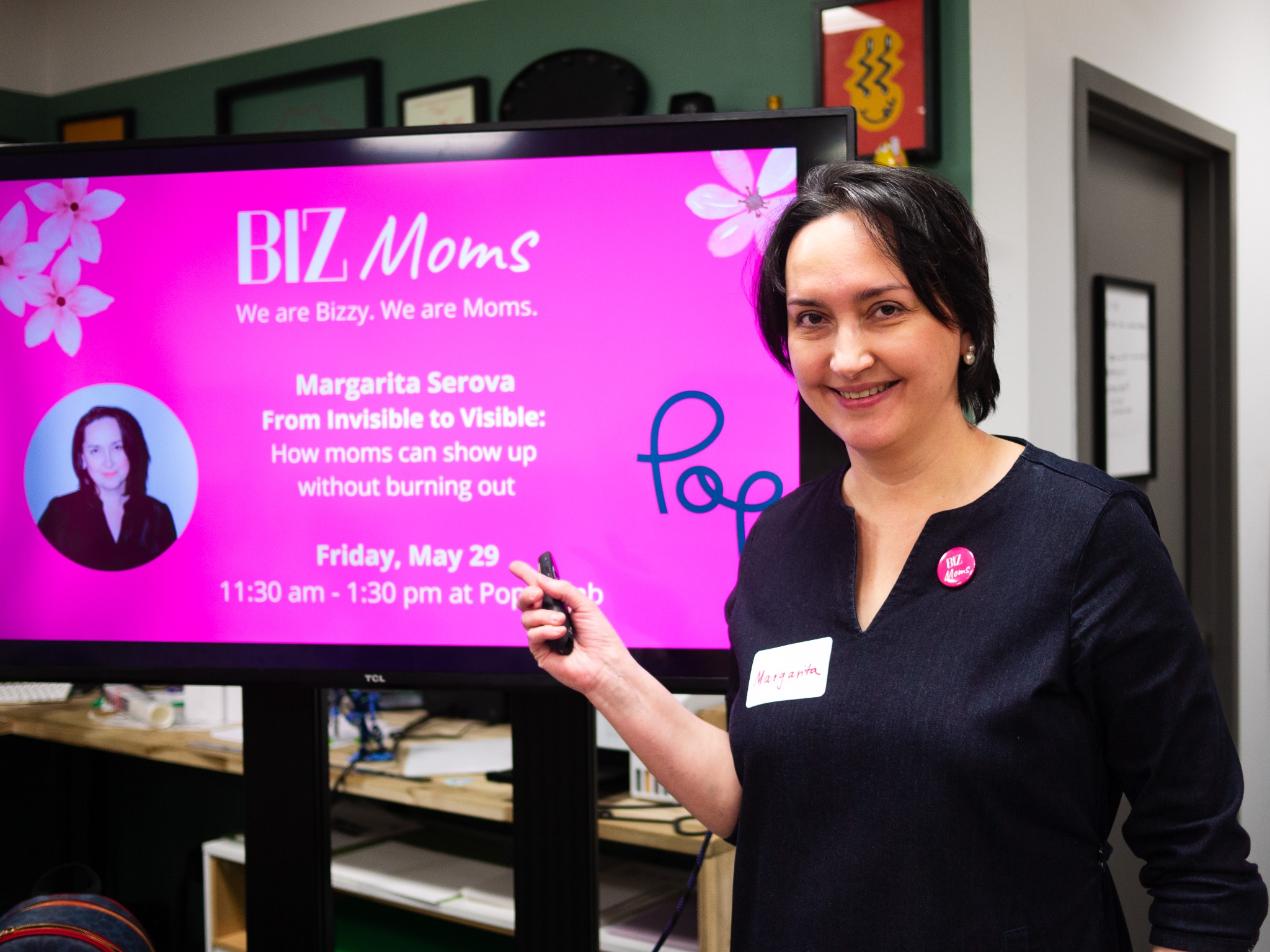 Margarita presenting From Invisible to Visible at a Biz Moms gathering